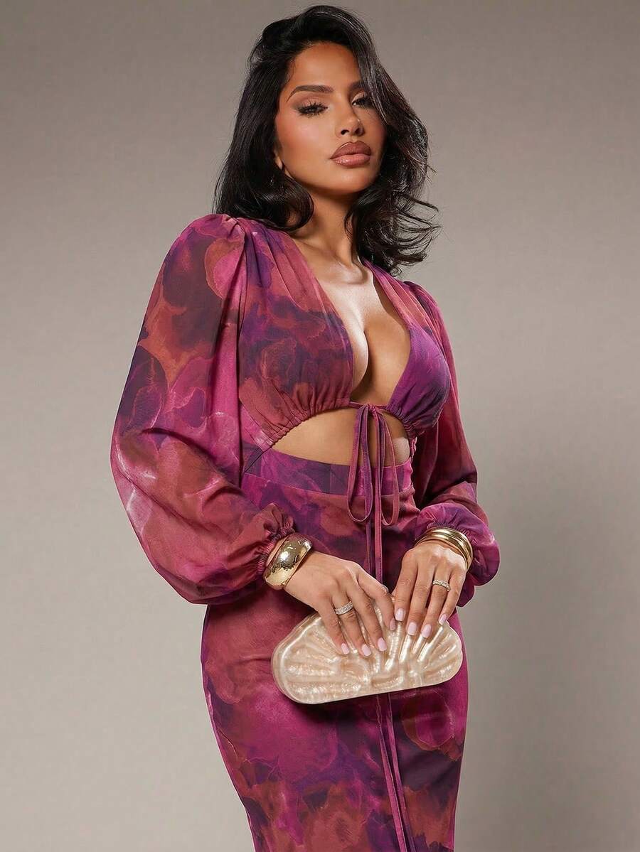 Radiana 女士性感优雅浪漫渐变花卉印花长裙，网纱印花连衣裙，灯笼袖长裙，低胸连衣裙，修身连衣裙，情人节约会连衣裙，弹力网纱面料，贴合身形，适合夜晚、约会、鸡尾酒会、晚宴、俱乐部、生日、派对、婚礼、宾客装扮、伴娘礼服、花园午后、海岛度假、假日穿着。女士两件套正式夏季两件套，女士两件套派对礼服，女士正式两件套。 - 彩色 - 查看 1