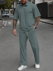 Manfinity Homme Men's Knitted Textured Fabric Polo Shirt And Pants Set - Green - View 5