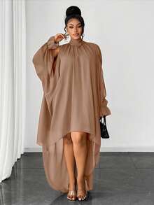 Maweii Plus Size Elegant Solid Color Off-Shoulder Front Short Back Long Dress, Summer - Khaki - View 5