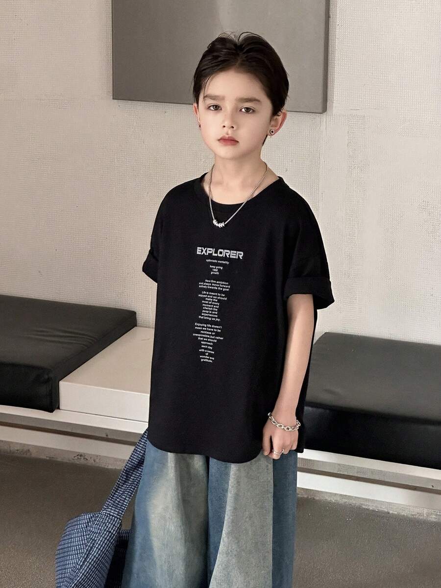 DAZY Tween Boy Round Neck Slogan Print Casual Versatile Daily Wear Short Sleeve T-Shirt Summer - Black - View 1