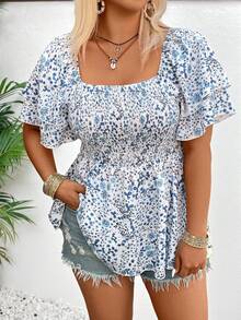 SHEIN Holidaya 大码女式夏季碎花休闲荷叶袖方领衬衫 - 彩色 - 查看 5