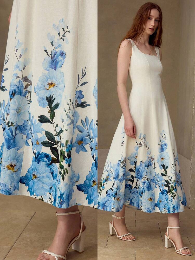 WOMEN'S LINEN BLEND PLACEMENT PRINT CASUAL/DATE LONG DRESS, SPRING/SUMMER