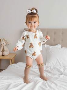 SHEIN White Autumn Cute Baby Shower Matching Family Newborn Fashion Printed Teddy Bear Bubble Long Sleeve Bodysuit With Headscarf And Brown Ribbed Socks - White - View 4