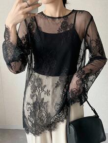 FRIFUL Women's Solid Color Layered Sheer Lace Flare Sleeve Loose Casual Versatile Spring Top Going Out Tops Long Sleeve Tops - Black - View 3