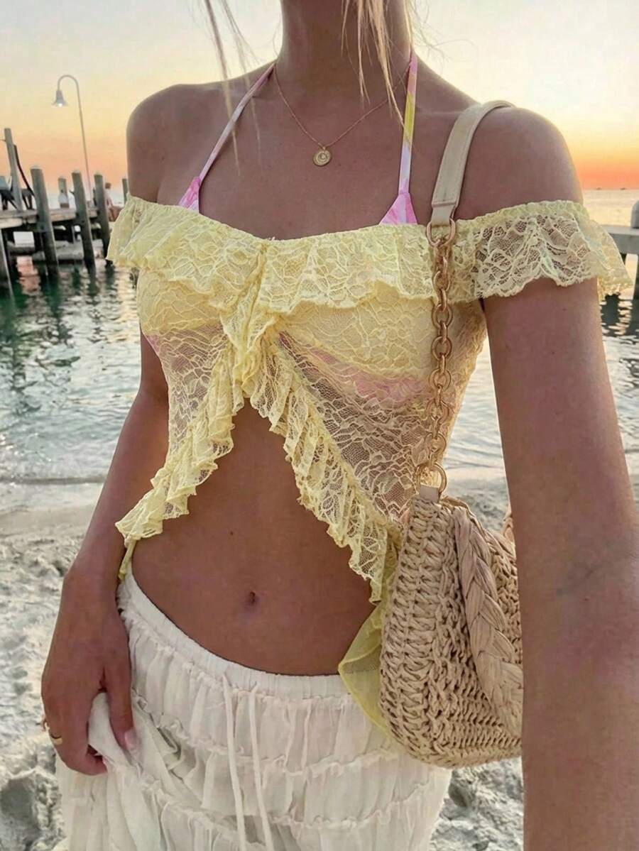 Aloruh Women's New Solid Yellow Lace Off Shoulder Ruffle Blouse, Suitable For Vacation, Beach, Sexy