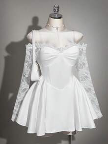 SHEIN ICON Đầm ren trắng phối họa tiết trễ vai thanh lịch dành cho phụ nữ cỡ lớn - trắng - Xem 7