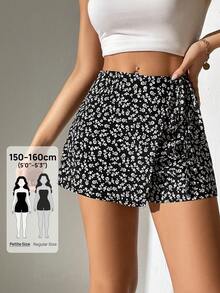 SHEIN PETITE Váy mùa hè in hoa Ditsy quấn bên hông váy mùa hè - màu đen - Xem 1