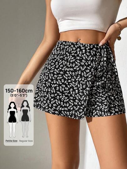 SHEIN PETITE Ditsy Floral Print Knot Side Wrap Hem Summer   Skort