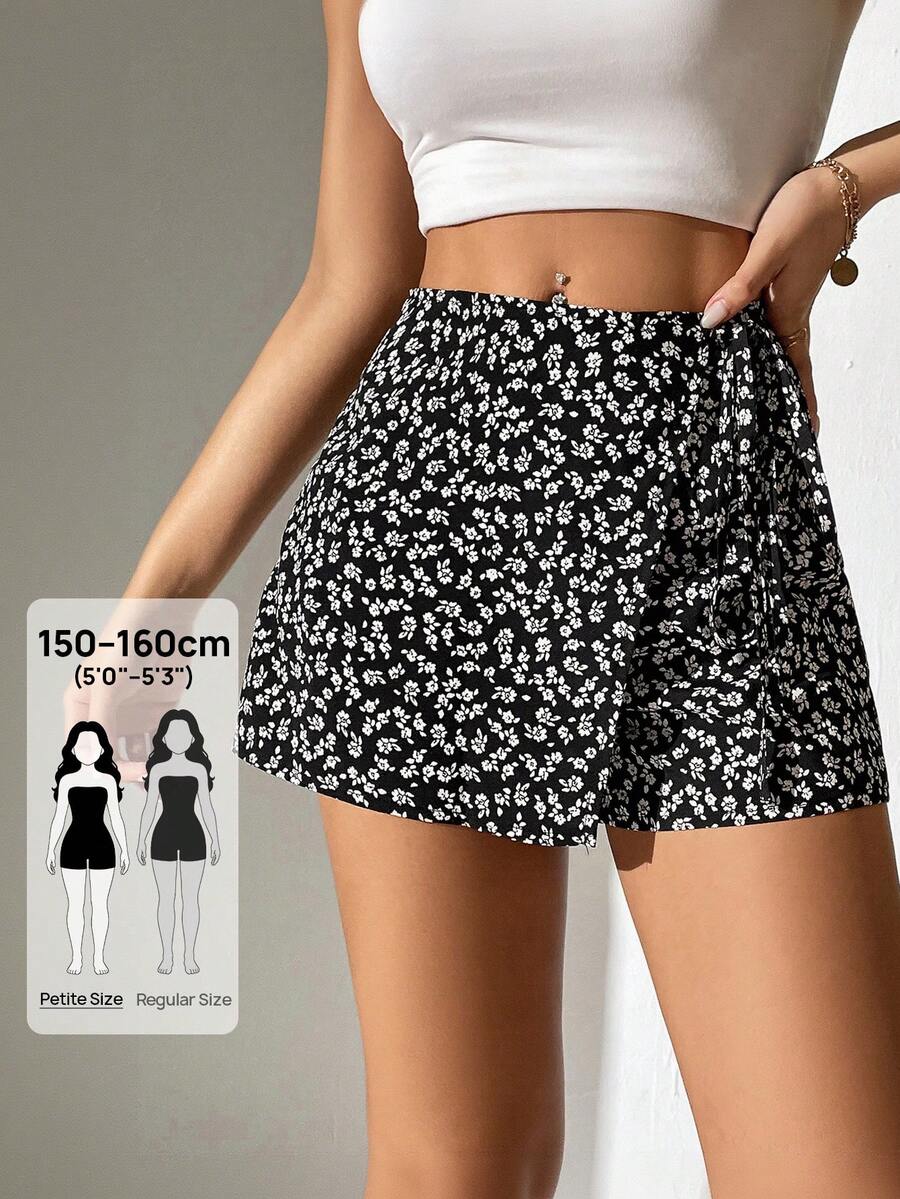 SHEIN PETITE Váy mùa hè in hoa Ditsy quấn bên hông váy mùa hè - màu đen - Xem 1