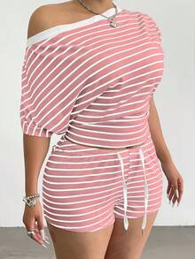 Flirla Striped Off-Shoulder Sexy Top, Long Sleeve T-Shirt & Drawstring Casual Shorts Set For Women - Multicolor - View 4