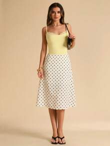 SHEIN BAE Yellow Splicing Camisole Bodysuit, Spring/Summer - Yellow - View 3