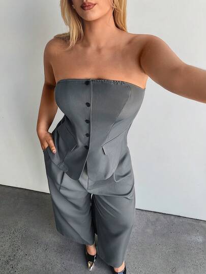 Auralis 新款夏季无肩带西装式上衣搭配直筒裤，两件套/套装，优雅通勤/办公穿着，鱼尾裙摆休闲街头风，适合正式场合/音乐节，大码尺码