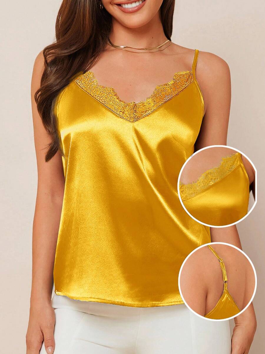 Amorya Áo hai dây nữ màu xanh satin thanh lịch với cổ ren, đa năng cho mùa xuân/hè hoặc dùng làm lớp áo khoác ngoài vào mùa thu/đông khi đi làm và mặc hàng ngày. - Màu vàng - Xem 1