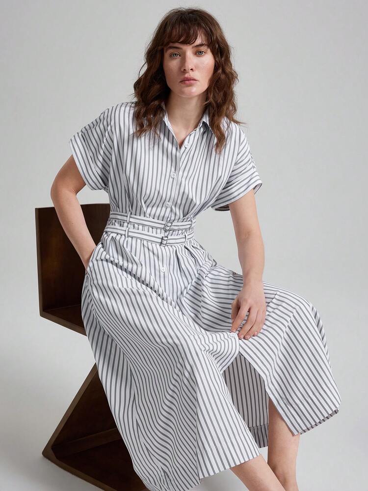 Black And White Dress Women's Casual Striped Print Long Dress All-Season Versatile Modern Urban Fashion Business Casual Women's Wear Office Attire Understated Old-Money Style, Elegant And Sophisticated, High-Quality Commuter And Airport Women's Wear Bohemian Style Vacation Outfits,Boho,Seaside Women's Clothing, Country Music Concert Style, Western Style Clothing, Nomadic Casual Fashion