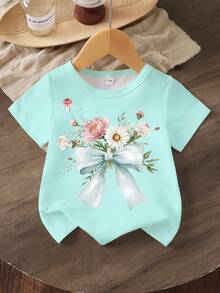 SHEIN Baby Girl Casual Floral & Bow Print Round Neck Short Sleeve T-Shirt Top, Suitable For Outdoor Summer, Daisy Pattern Print Summer Tops - Multicolor - View 3