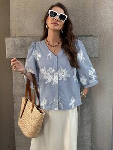 SHEIN Clasi Women's Elegant Blue And White Stripe Embroidered Sequin V-Neck Lantern Sleeve Loose Blouse, Casual Tea Party & Autumn Vacations For Women - Blue - View 3