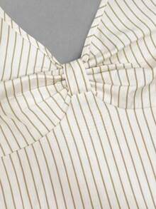 Sweetra Áo crop top kẻ sọc dáng suông, cổ yếm, xoắn sau, gợi cảm dành cho nữ, thích hợp cho mùa xuân/hè. - Màu be - Xem 4