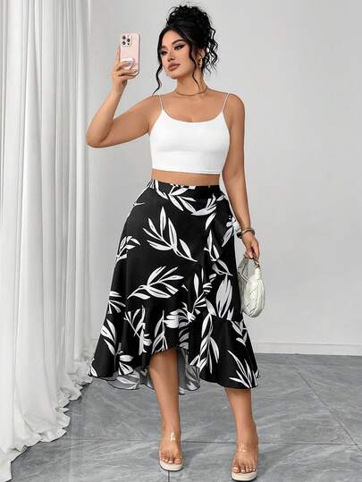 GlowEve CURVE Plus Size Women Asymmetrical Hem Casual Printed Skirt