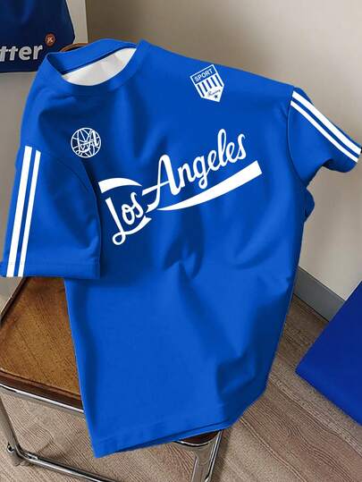 Manfinity Joysei 洛杉矶字母条纹印花短袖T恤，男女皆宜，学院风复古休闲运动上衣