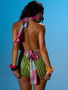 MUSERA Printed High Neck Keyhole Cutout Front Balloon Style Fitted Waist Top Summer Sexy Going Out Beach Holiday Ibiza Club Tropical Fever Y2K - Multicolor - View 4