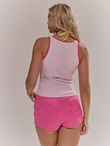 MUSERA 修身撞色滚边印花拉链长款无袖上衣，春夏可爱少女风，适合度假、海滩、日常休闲穿着。 - 粉色 - 查看 2