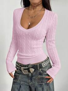 Coolane Women's Winter Vintage Preppy Y2K Daily Wear Going Out Renaissance Fair Club Pink V-Neck Sweater,Fall,Winter - Baby Pink - View 4
