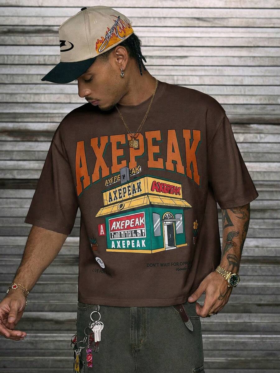 AXEPEAK 男士圆领字母印花休闲百搭日常短袖T恤 - 棕色 - 查看 1