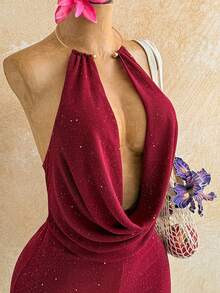 Soleia Mono de mujer con escote pronunciado y cuello halter de unicolor para vacaciones - Burdeos - Ver 3