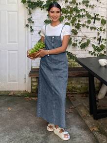 Livesso 女士牛仔吊带裙，休闲时尚，适合日常穿着的太阳裙 - 中等水洗藍 - 查看 6