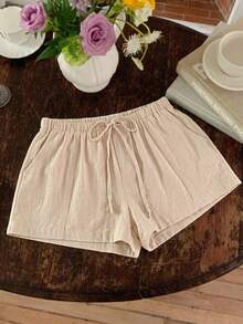 Comfortcana Women's Casual Loose Drawstring Solid Color Shorts, Versatile Daily Wear Khaki Linen Spring/Summer Beach For Women Summer - Khaki - View 5