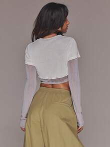 MUSERA 层叠网纱短款长袖上衣，春夏度假休闲风，时尚酷女孩街头风，日常百搭 - 白色 - 查看 2