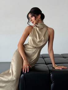 Firerie Women's Elegant Metal Texture Solid Color Halter Neck Dress - Gold - View 4