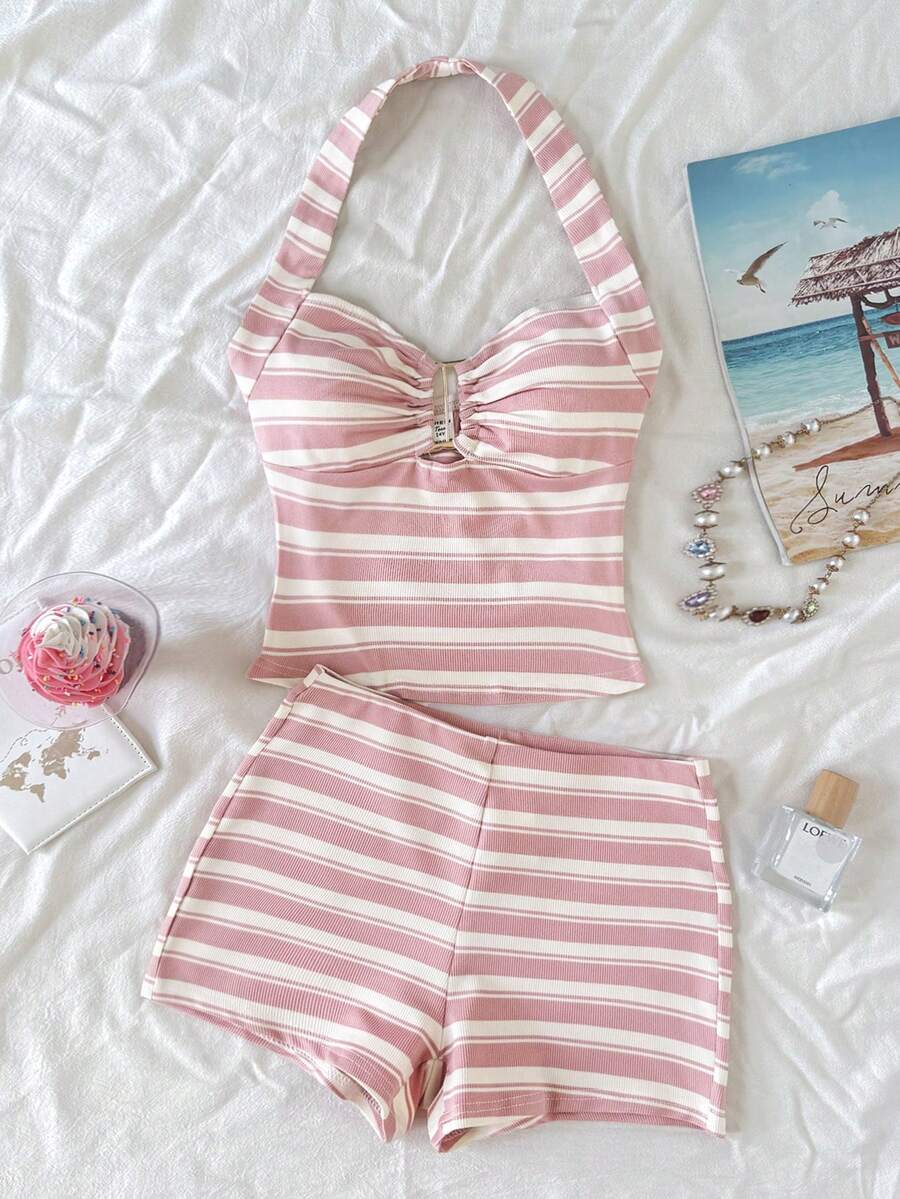 SHEIN 青少年女孩條紋掛脖背心與短褲休閒套裝 - 黑色 - 查看 1