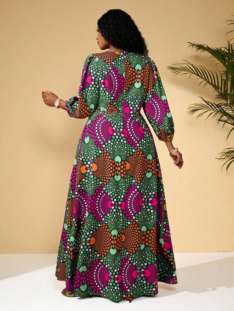 Plus Size Women Geometric Print V-Neck Lantern Sleeve Loose Vacation Dress