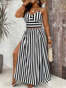 SHEIN VCAY Mother's Day Music Festival Casual Vacation Black And White Striped Camisole Top And Skirt Set, Stylish Summer Outfit, Women's Vacation Wear, Two Pieces Summer Clothing - Black and White - View 3