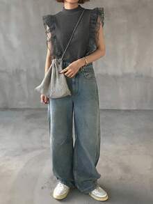 FRIFUL Women's Turtleneck Ribbed Tank Top With Mesh Ruffle Trim Sleeveless Layered T-Shirt - Dark Grey - View 2