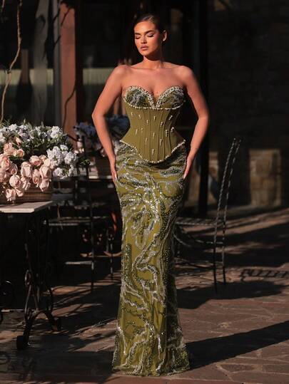 Glamrae Đầm dạ hội sang trọng, thanh lịch, chất liệu satin pha trộn, đính cườm, sequin và thêu họa tiết, kiểu dáng đuôi cá quyến rũ, thích hợp cho đám cưới, tiệc tùng, lễ hội, dạ tiệc và các sự kiện trang trọng (đính kèm rất nhiều chi tiết).