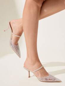 CUCCOO CHICEST Bombas de tacón alto con punta puntiaguda, de tacón transparente, con perlas y strass, sexy y elegante - Beis - Ver 9