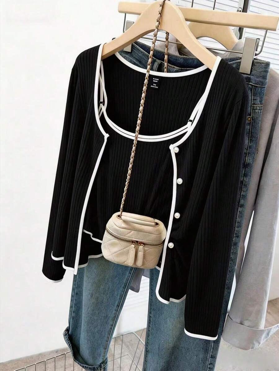 GlowEve CURVE Conjunto de 2 piezas de blusa de manga larga con ribete de color contrastante y camiseta interior, talla grande - Blanco y Negro - Ver 1