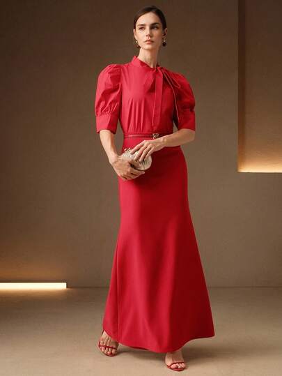 Anewsta Women's Spring Ribbon Bow Puff Sleeve Elegant Blouse