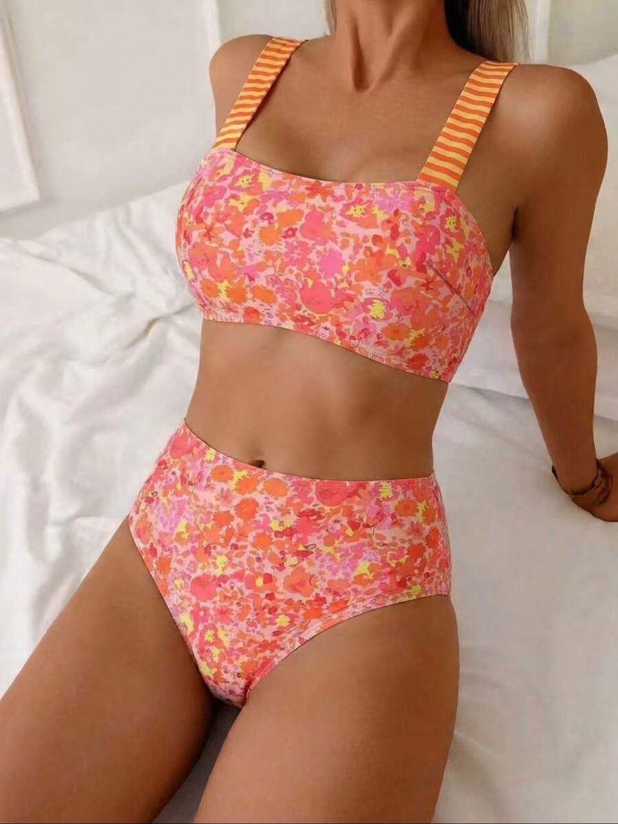 Swim Vcay Bộ đồ bơi nữ gợi cảm kiểu yếm cổ yếm, họa tiết hoa hồng và sọc cam, thích hợp cho kỳ nghỉ biển. - Hồng - Xem 1