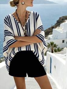 SHEIN Holidaya 女士休闲度假风撞色条纹印花V领蝙蝠袖宽松上衣，适合春、夏、秋季穿着 - 藏蓝色 - 查看 4