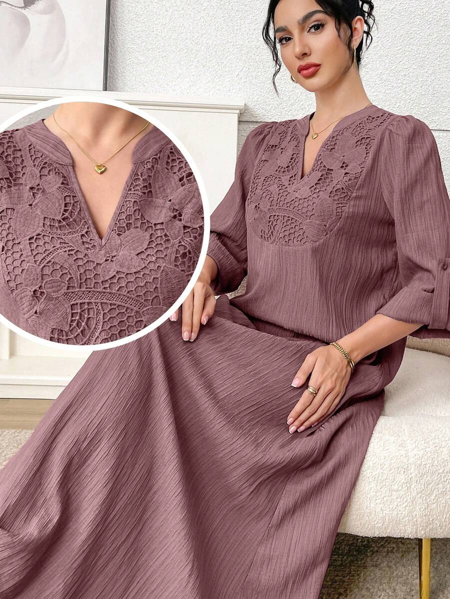 Al Najma Đầm ren tay bồng phối ren tương phản, kiểu dáng Ả Rập thanh lịch dành cho nữ. - Bụi tím - Xem 1