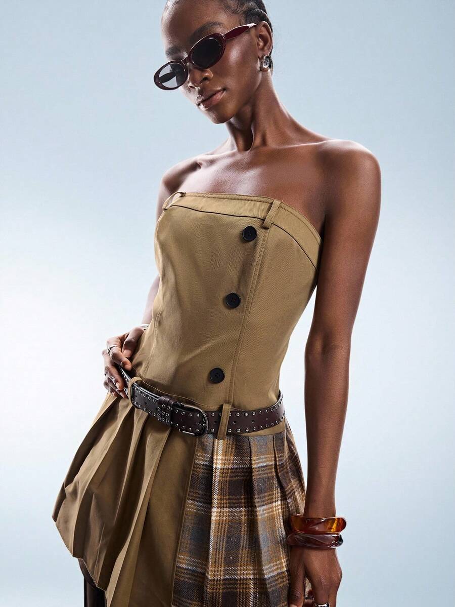 GENKIRA Asymmetric Color Block Plaid Patchwork Pleated Hem Bustier Dress, Deconstructed Retro School Style, Khaki, Suitable For Spring/Summer Street, Date, Fashion Ins Style - Multicolor - View 1