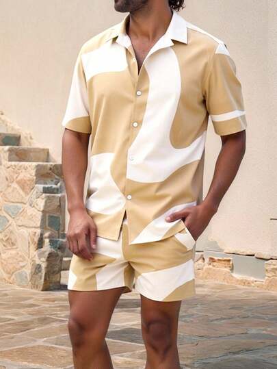 ZELFYO Men's Contrast Color Short Sleeve Casual Button Front Beach Outfit Summer Two Piece Set For Men Men Cream Two Piece Set Mens Solid Color Short Sleeved Shirt And Short Pants Set Mens Casual Two Piece Party Outfit Beige Two Piece Set Men