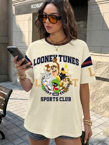 LOONEY TUNES X SHEIN Áo thun nữ tay ngắn cổ tròn in họa tiết dễ thương, kiểu dáng thường ngày. - trắng - Xem 3