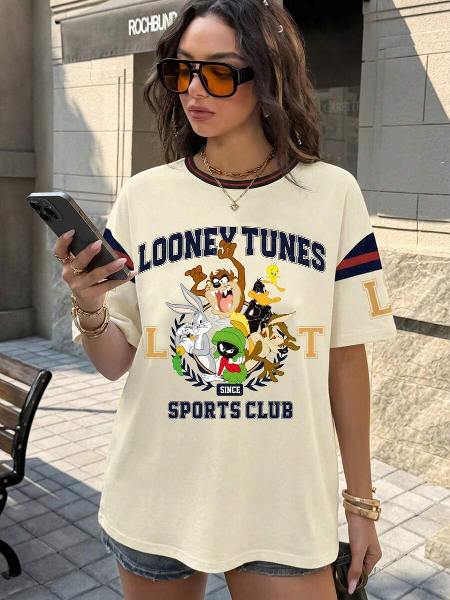 LOONEY TUNES X SHEIN 女士可爱印花圆领短袖休闲T恤 - 白色 - 查看 1