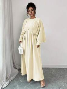 Elenzga 大码女士优雅简约高端休闲连衣裙，适合办公室、通勤、海滩、音乐节、下午茶、德比、马赛俱乐部、中东等场合，纯色，圆领，两穿设计，收腰，褶裥，蝙蝠袖，A字版型，长袖，超长款连衣裙，春夏款 - 鵝黃色 - 查看 3