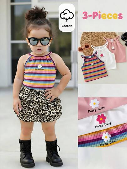 Bubblio 3pcs Baby Girl Cute Knitted Colorful Striped Floral Pattern Vest Set, Summer Summer Tops For Baby Girls Cute Baby Tops Baby Girls Sleeveless Tops