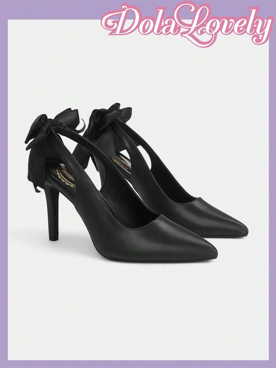 Dola Lovely 女士黑色尖头细高跟鞋，优雅蝴蝶结装饰，适合晚宴、舞会、洛丽塔风格穿着 - 靜夜黑色 - 查看 1